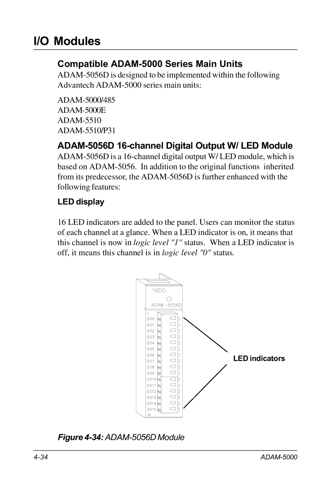 Advantech RS-485 user manual ADAM-5056D 16-channel Digital Output W/ LED Module, LED display 