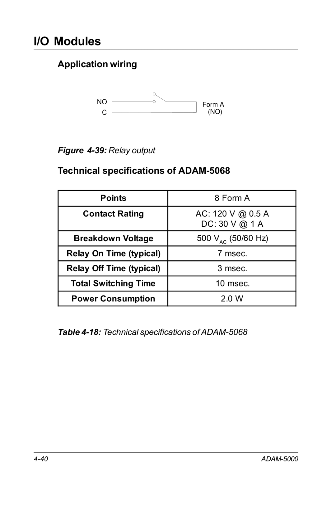 Advantech RS-485 user manual Technical specifications of ADAM-5068, Relay output 