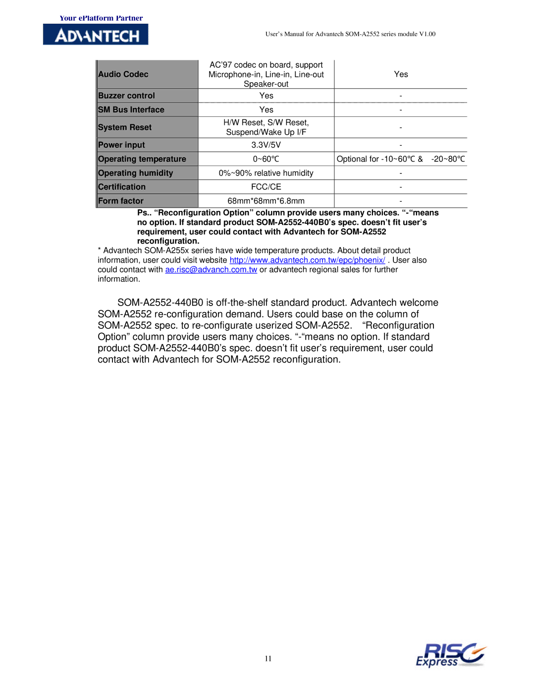 Advantech SOM-A2552 manual Audio Codec 