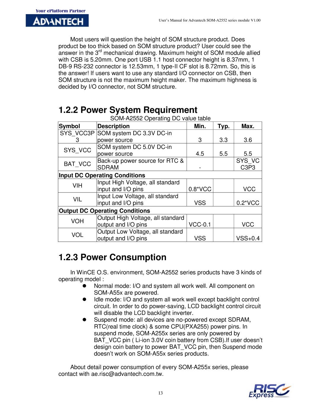 Advantech SOM-A2552 manual Power System Requirement, Power Consumption, Symbol Description Min Typ Max 