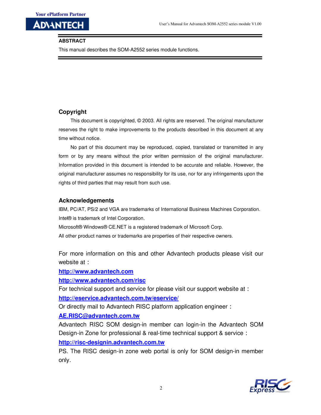 Advantech SOM-A2552 manual Copyright, Acknowledgements 