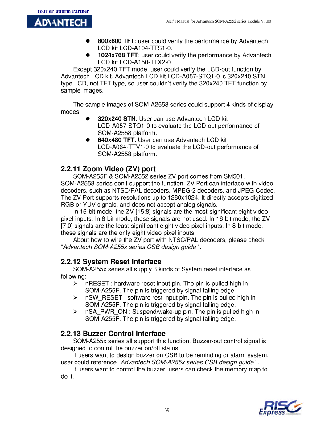 Advantech SOM-A2552 manual Zoom Video ZV port, System Reset Interface, Buzzer Control Interface 