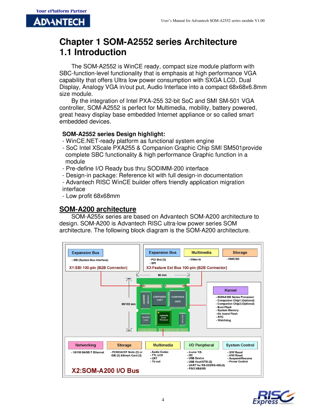 Advantech SOM-A2552 series Architecture 1.1 Introduction, SOM-A200 architecture, SOM-A2552 series Design highlight 