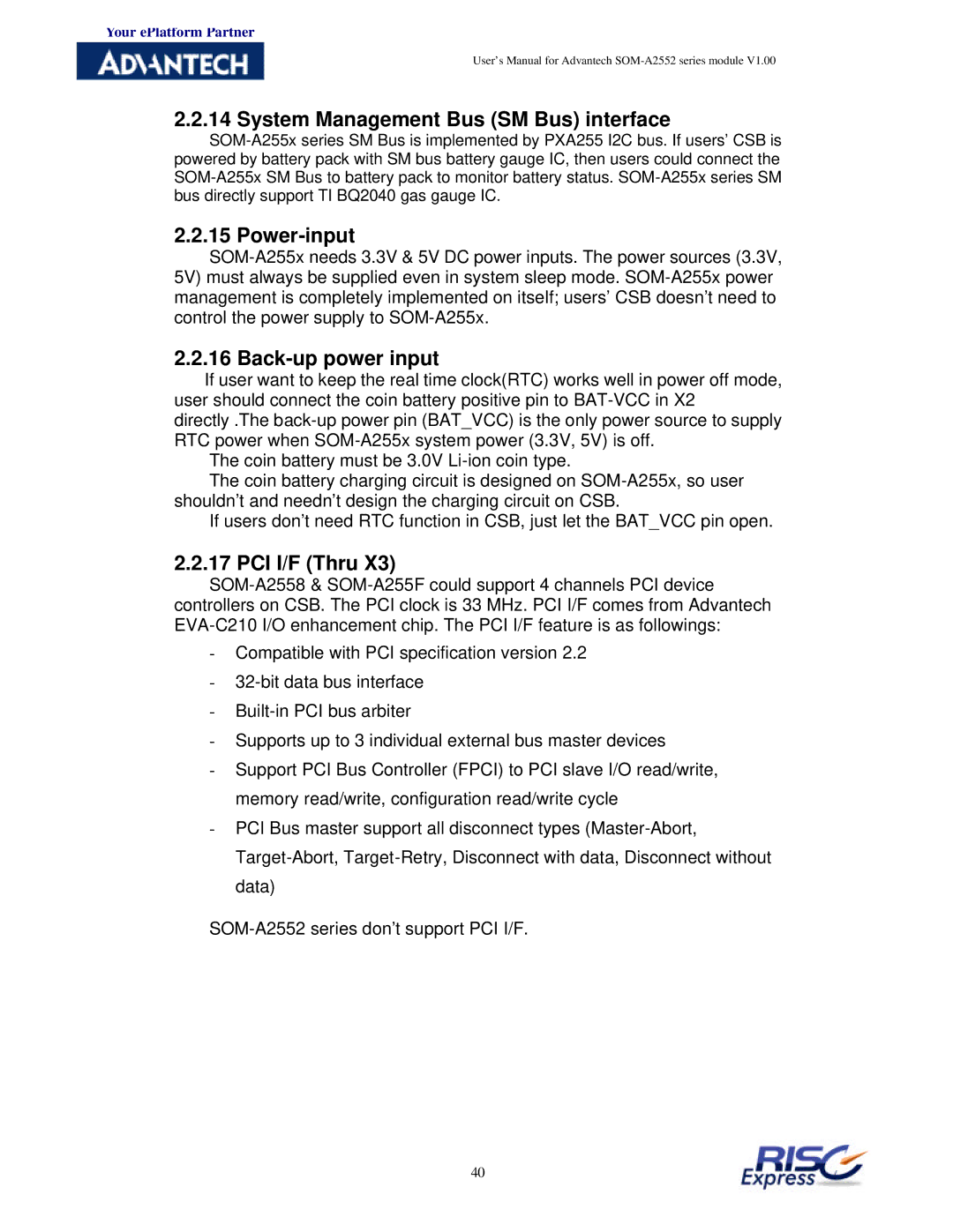 Advantech SOM-A2552 manual System Management Bus SM Bus interface, Power-input, Back-up power input, PCI I/F Thru 
