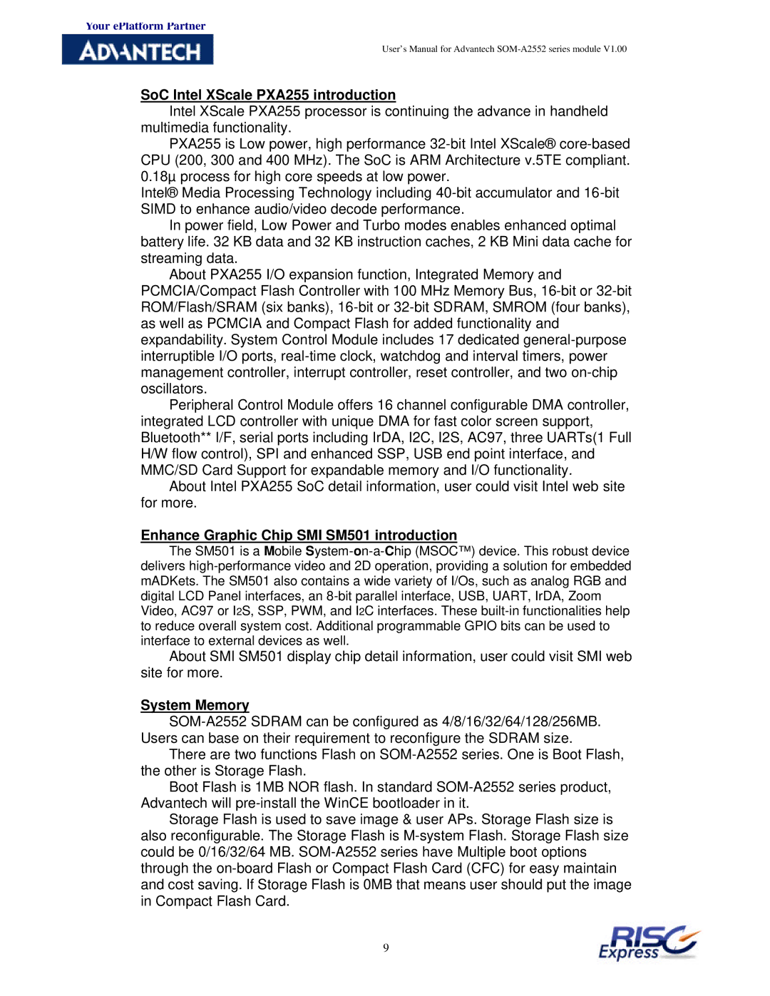 Advantech SOM-A2552 manual SoC Intel XScale PXA255 introduction, Enhance Graphic Chip SMI SM501 introduction, System Memory 