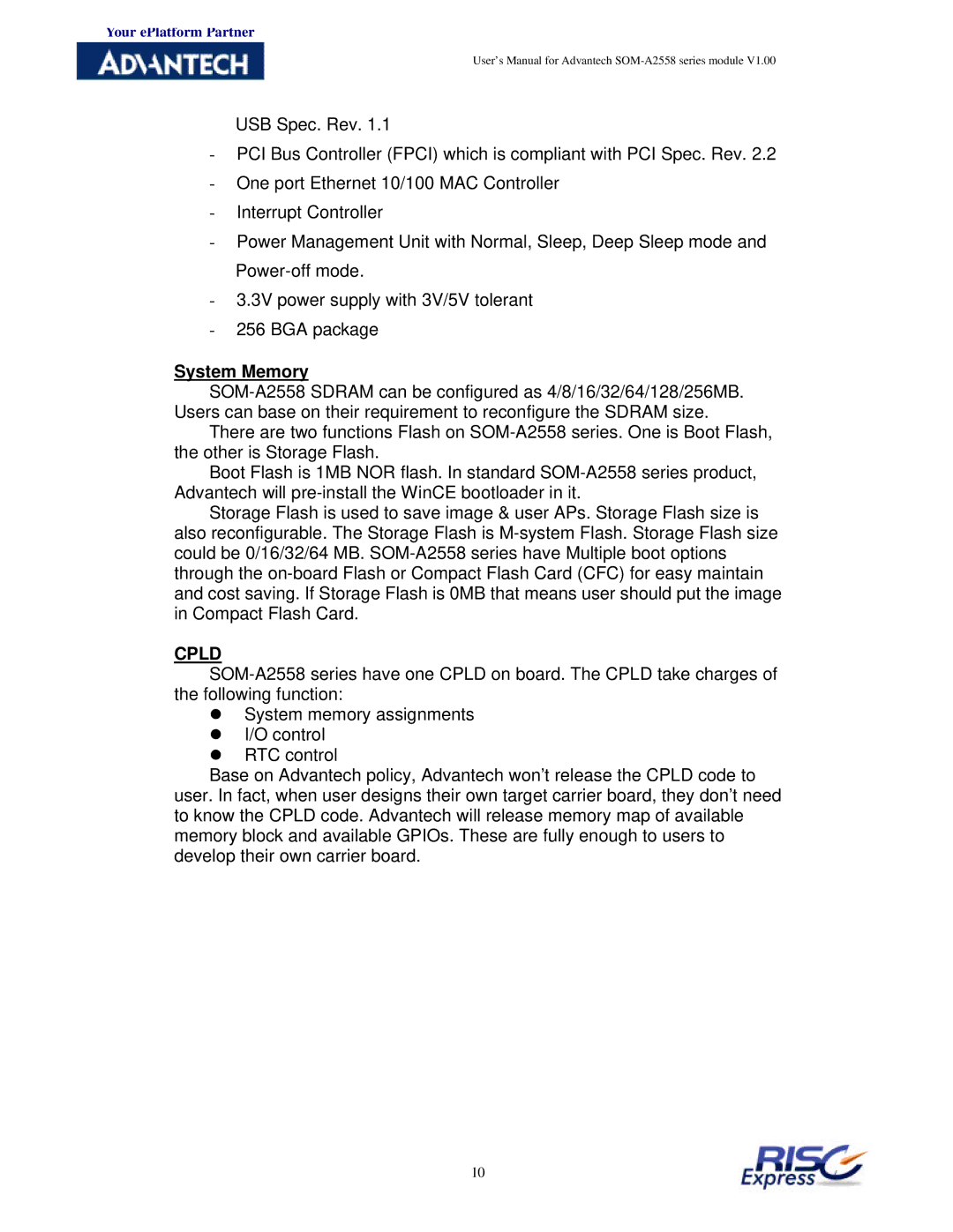 Advantech SOM-A2558 user manual System Memory, Cpld 