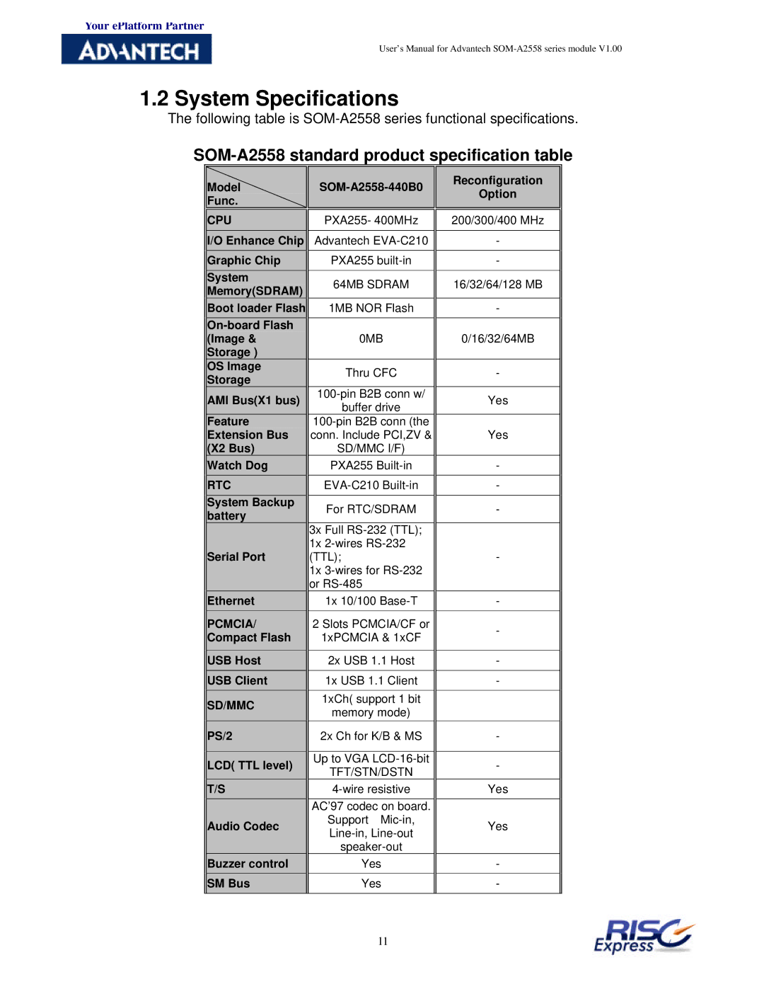 Advantech user manual System Specifications, SOM-A2558 standard product specification table 