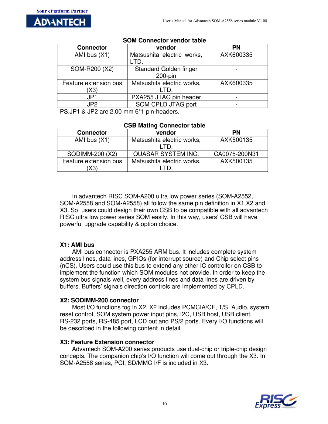 Advantech SOM-A2558 user manual SOM Connector vendor table Vendor, CSB Mating Connector table Vendor, X1 AMI bus 