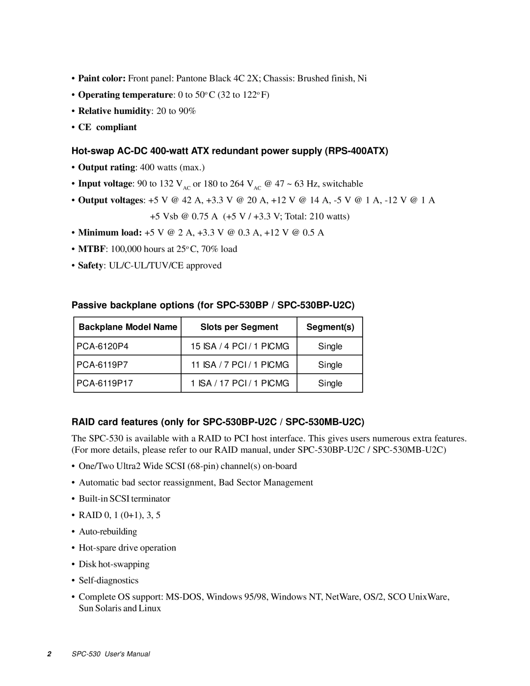 Advantech user manual Passive backplane options for SPC-530BP / SPC-530BP-U2C 