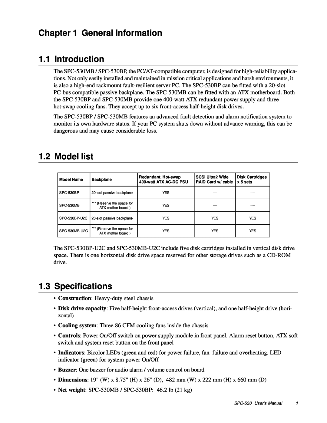 Advantech SPC-530 user manual General Information 1.1 Introduction, Model list, Specifications 
