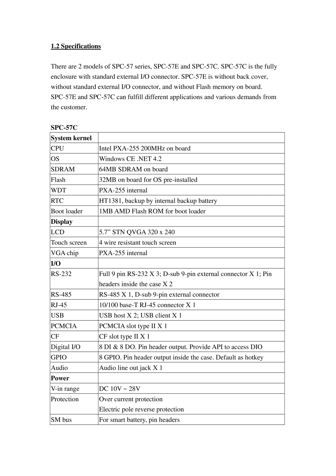 Advantech SPC-57 user manual Specifications, System kernel, Display, Power 