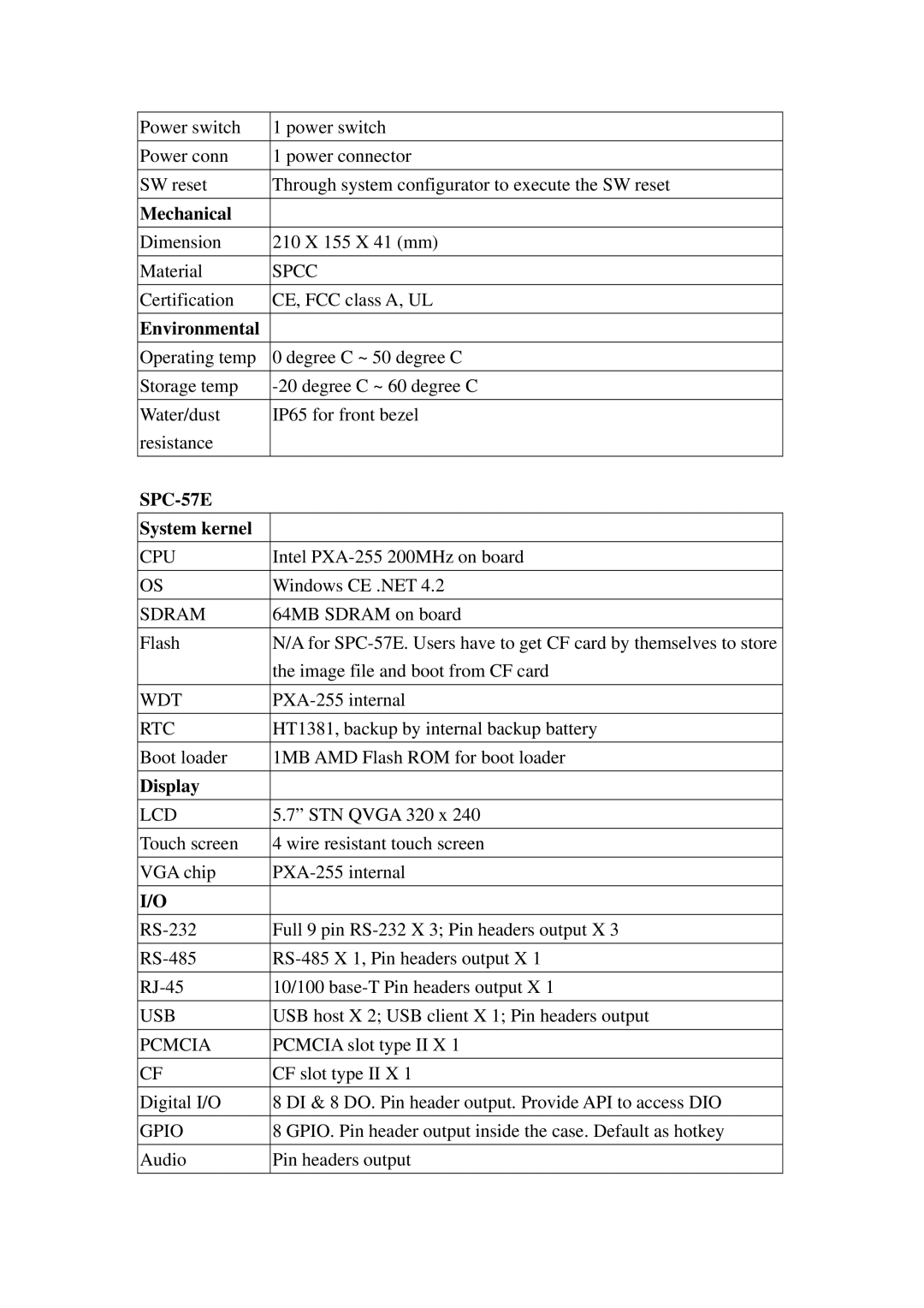 Advantech SPC-57 user manual Mechanical, Environmental 