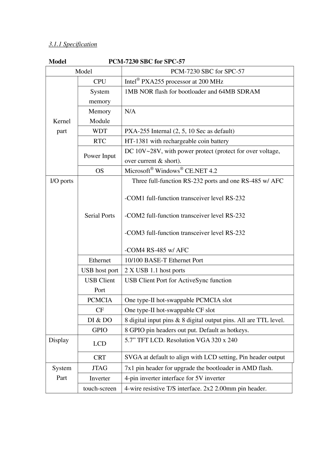 Advantech user manual Specification, Model PCM-7230 SBC for SPC-57 