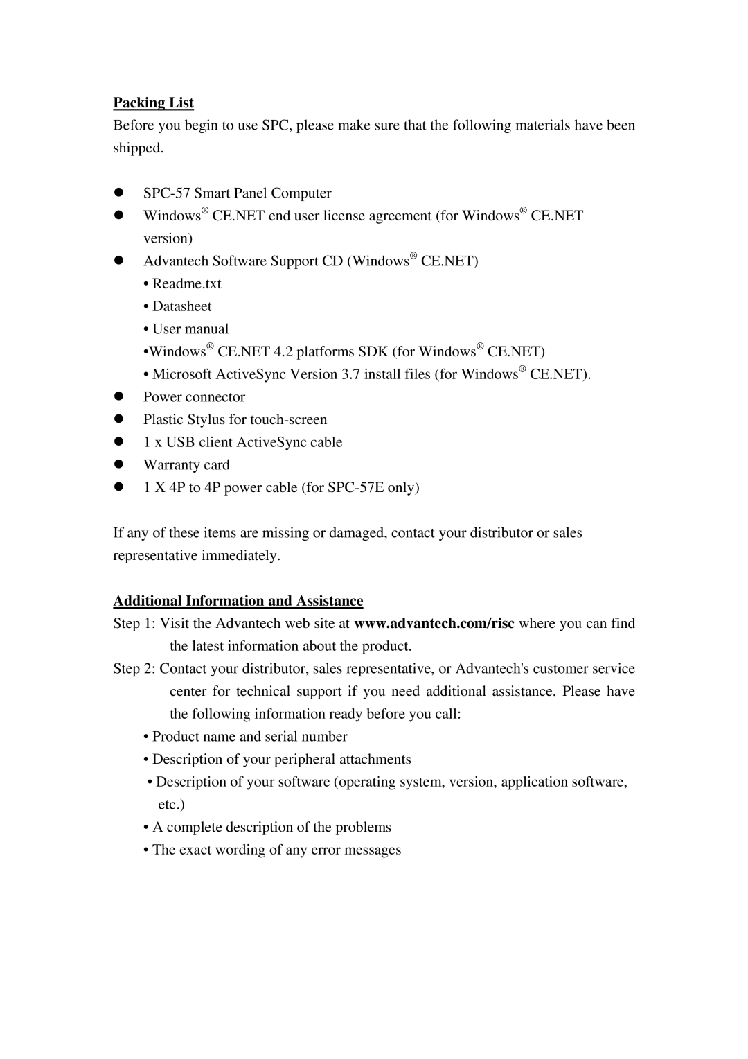 Advantech SPC-57 user manual Packing List, Additional Information and Assistance 