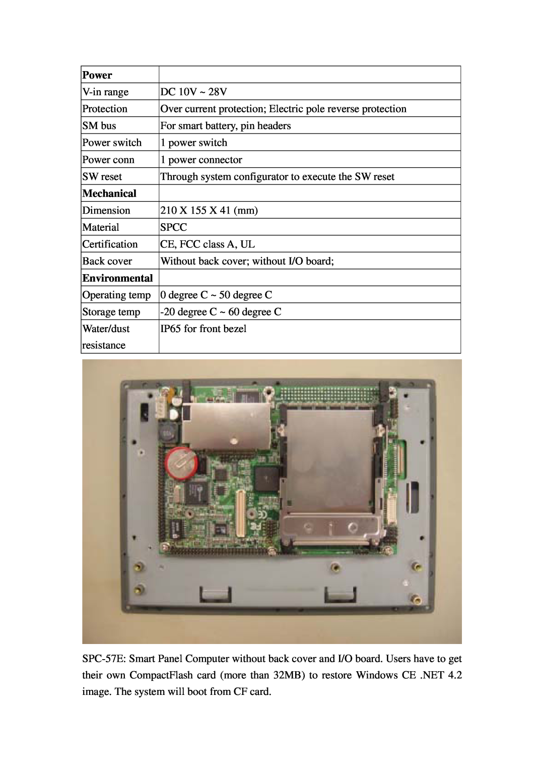 Advantech SPC-57 user manual Power, Mechanical, Environmental 
