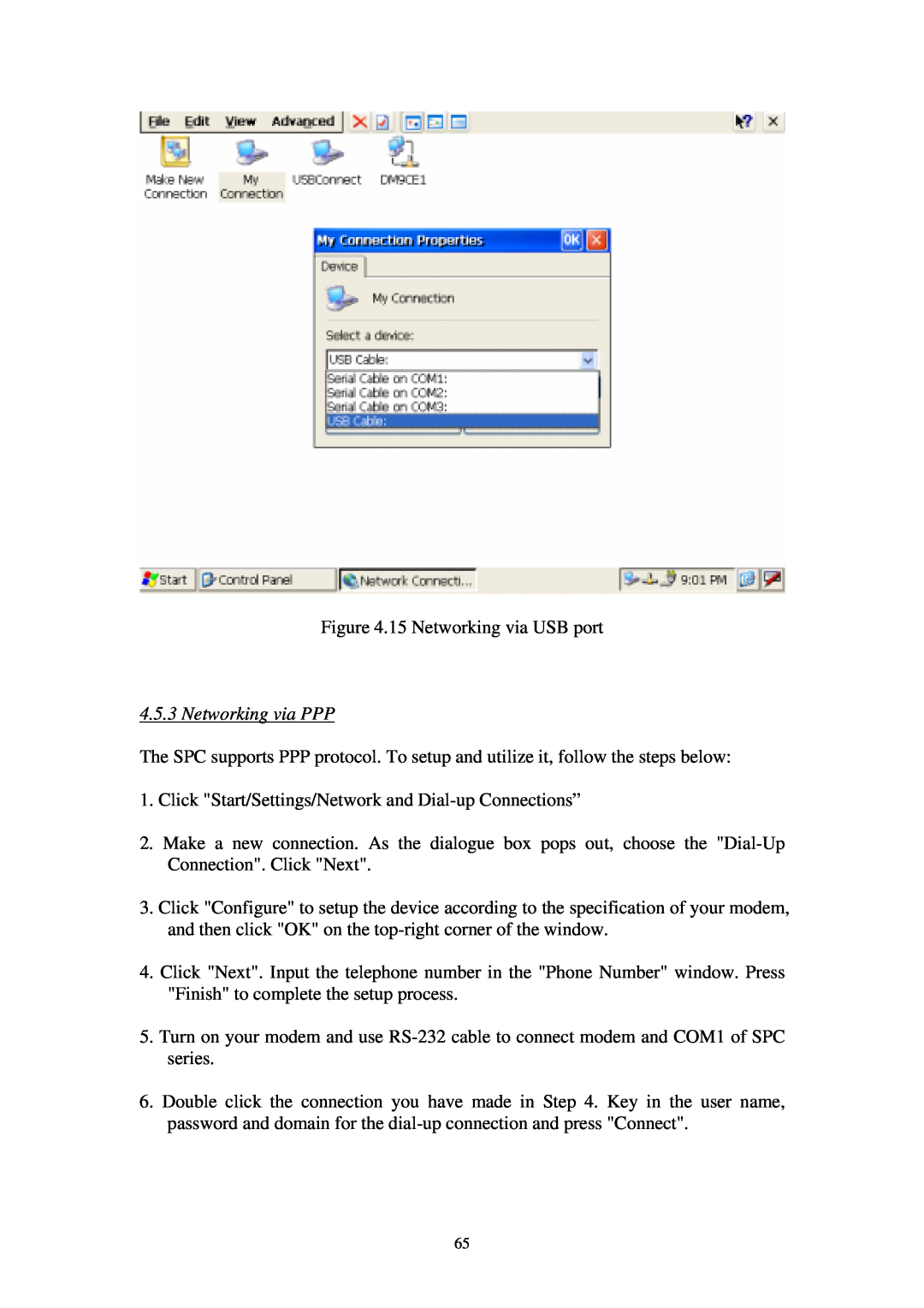 Advantech SPC-57 user manual Networking via PPP, 15 Networking via USB port 