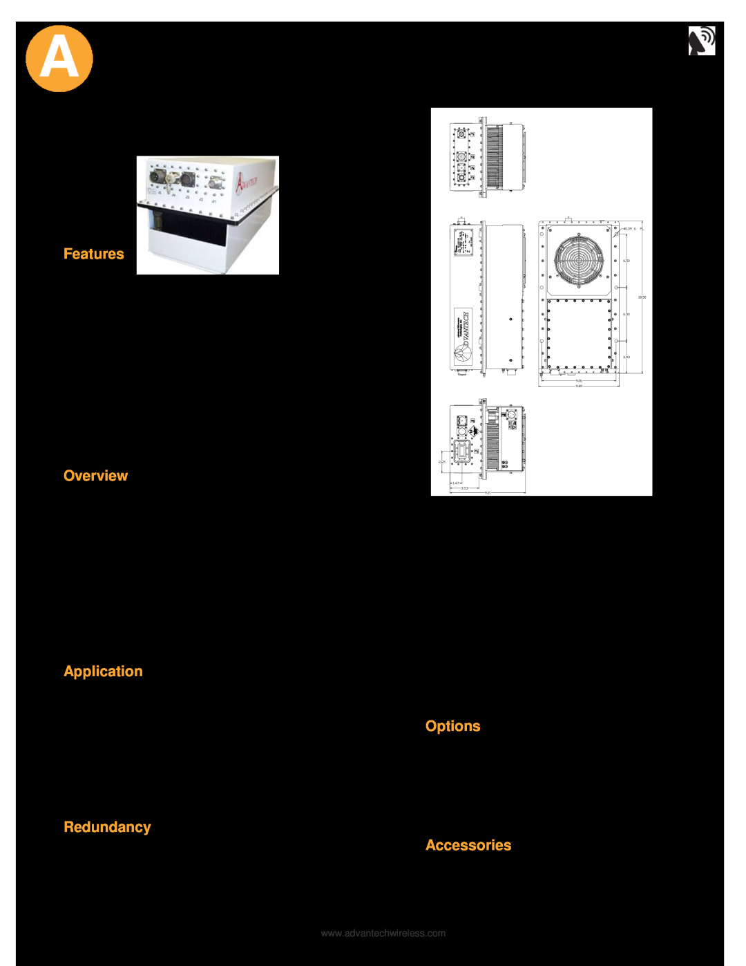 Advantech manual C-Band Hub-mount SSPA/ SSPB, Features, Overview, Application, Options, Redundancy, Accessories 