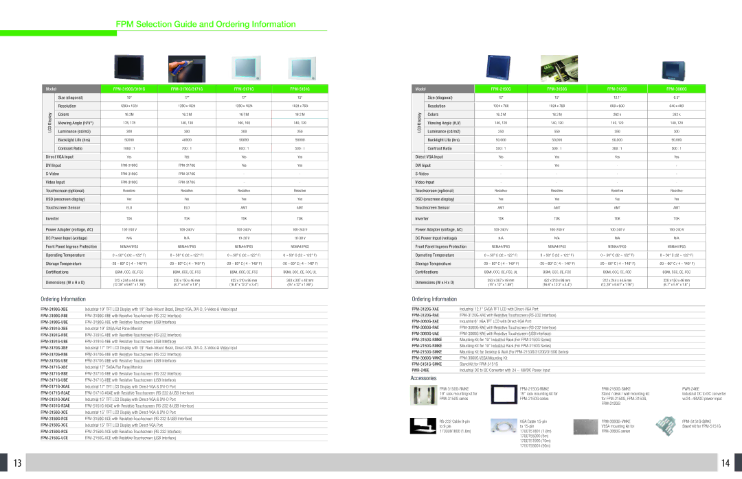 Advantech Touch Panel Computers manual FPM Selection Guide and Ordering Information, FPM-3150G FPM-3120G FPM-3060G 