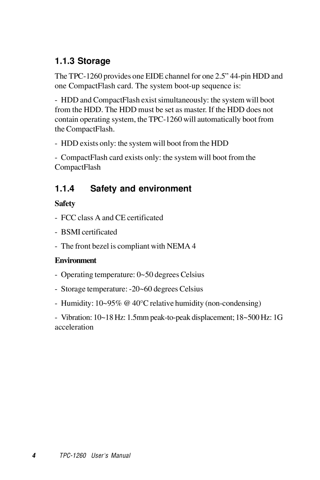 Advantech TPC-1260 manual Storage, Safety and environment 