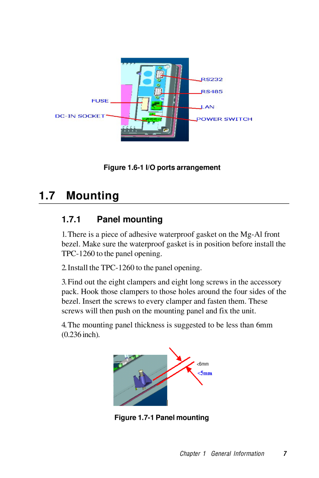 Advantech TPC-1260 manual Mounting, Panel mounting 