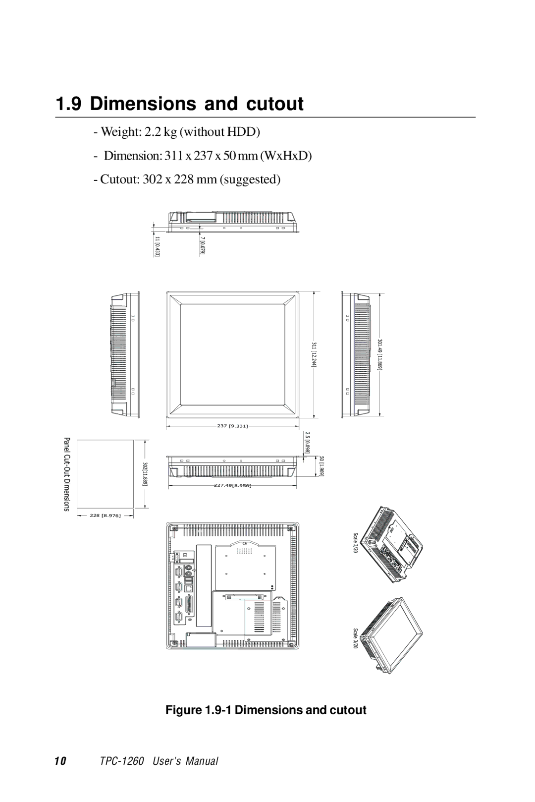 Advantech TPC-1260 manual Dimensions and cutout 