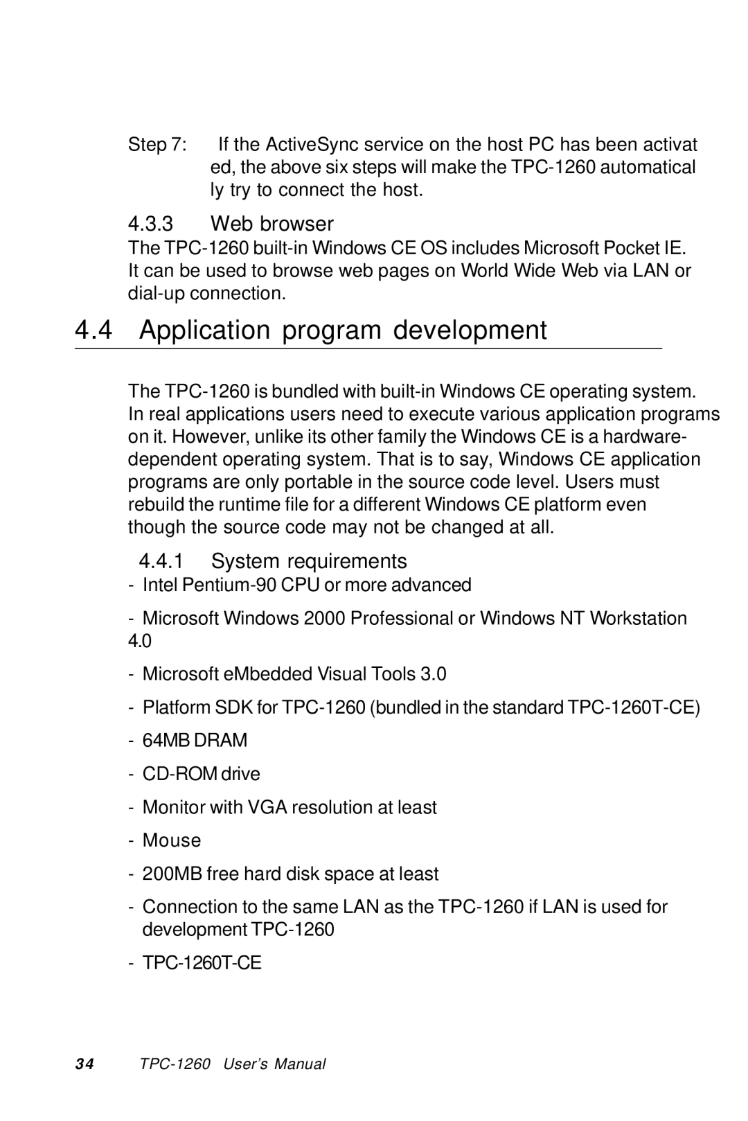 Advantech TPC-1260 manual Application program development, Web browser, System requirements 