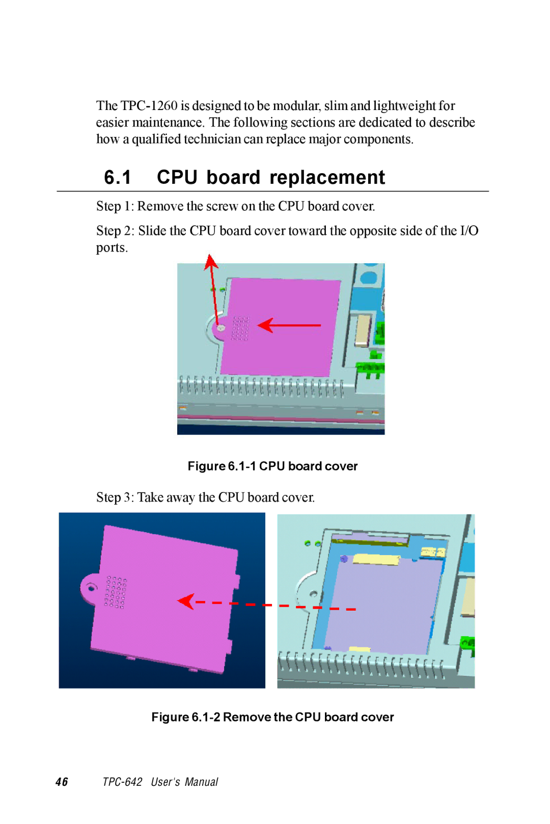 Advantech TPC-1260 manual CPU board replacement, CPU board cover 