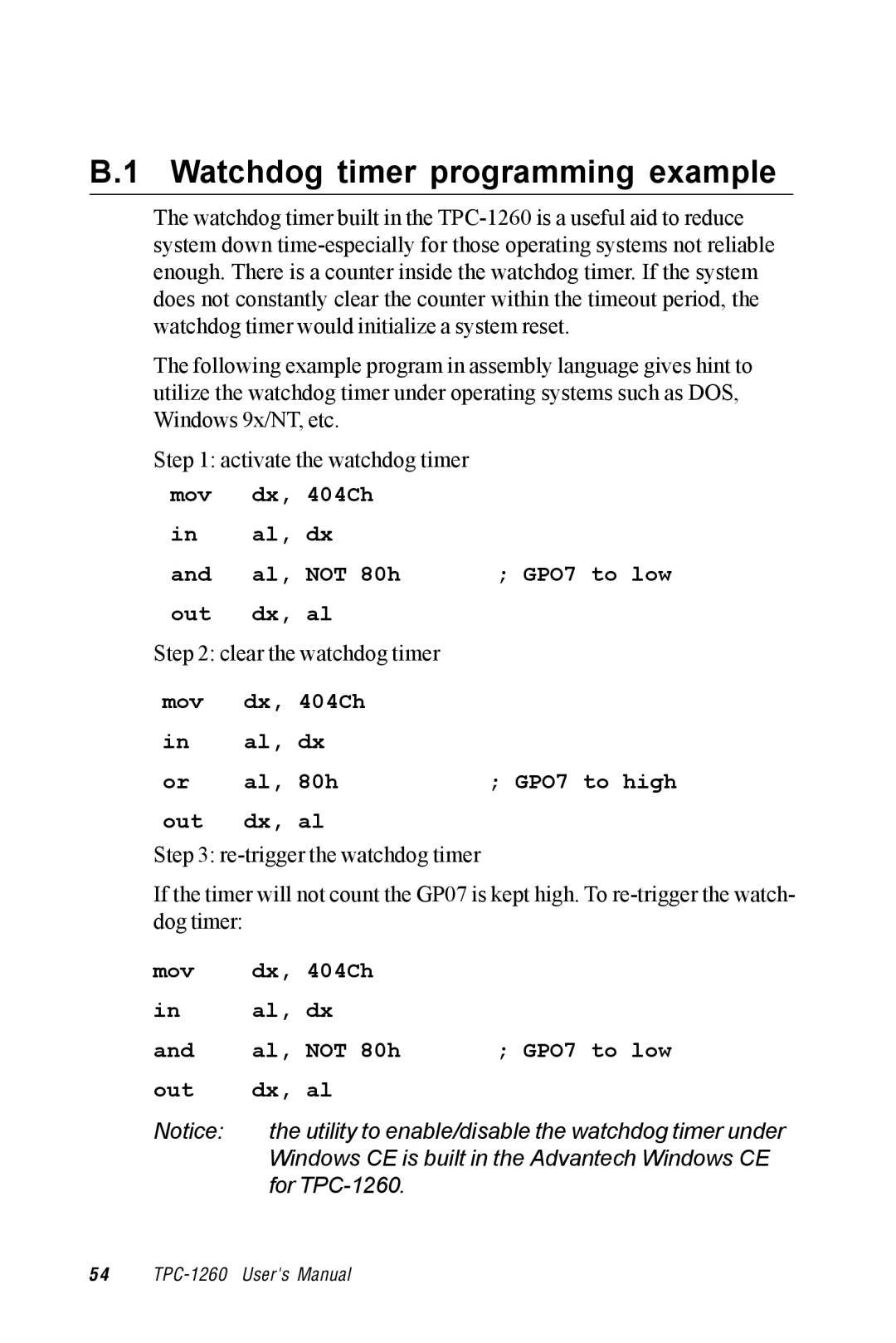 Advantech TPC-1260 manual Watchdog timer programming example, Clear the watchdog timer 