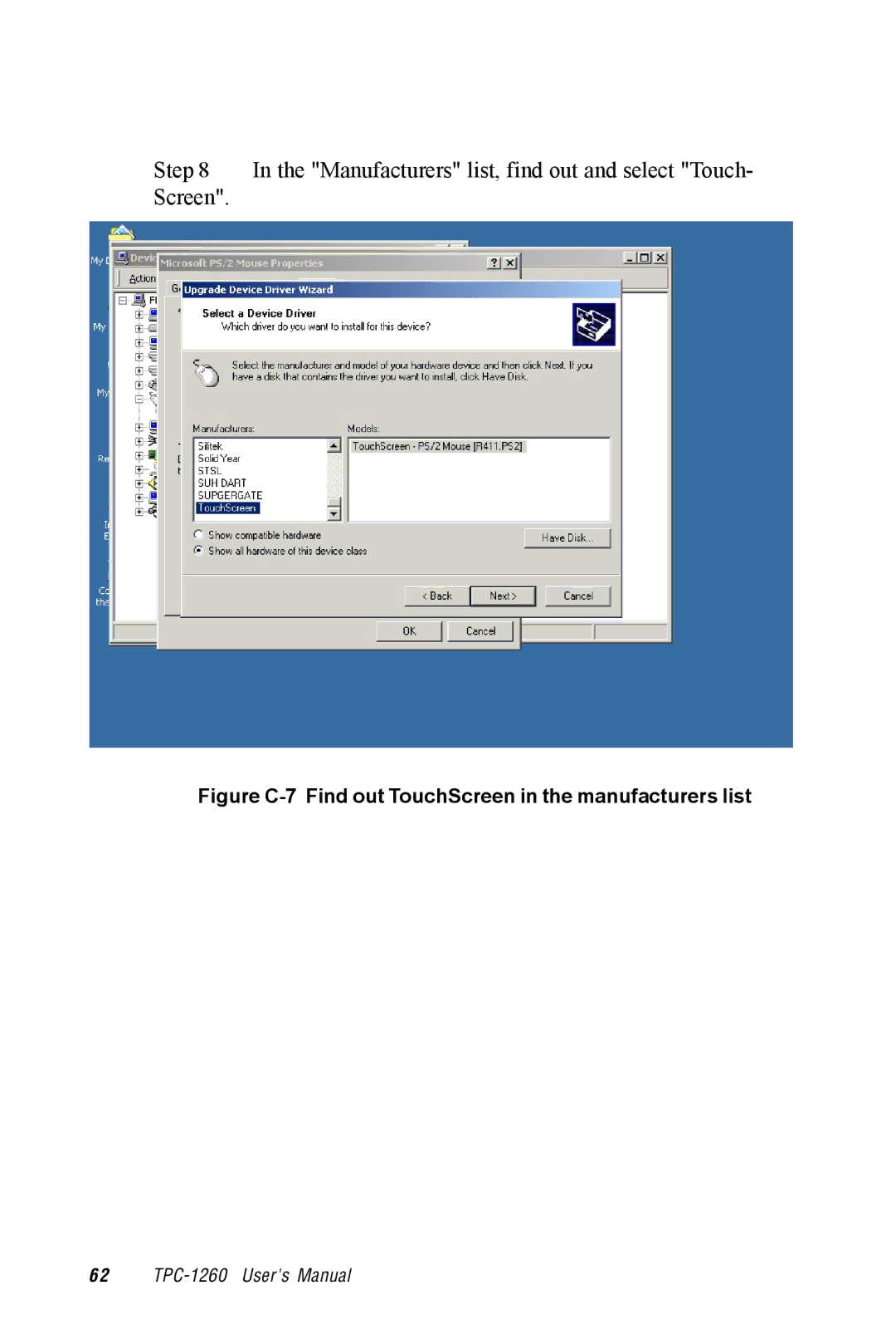 Advantech TPC-1260 manual Manufacturers list, find out and select Touch- Screen 