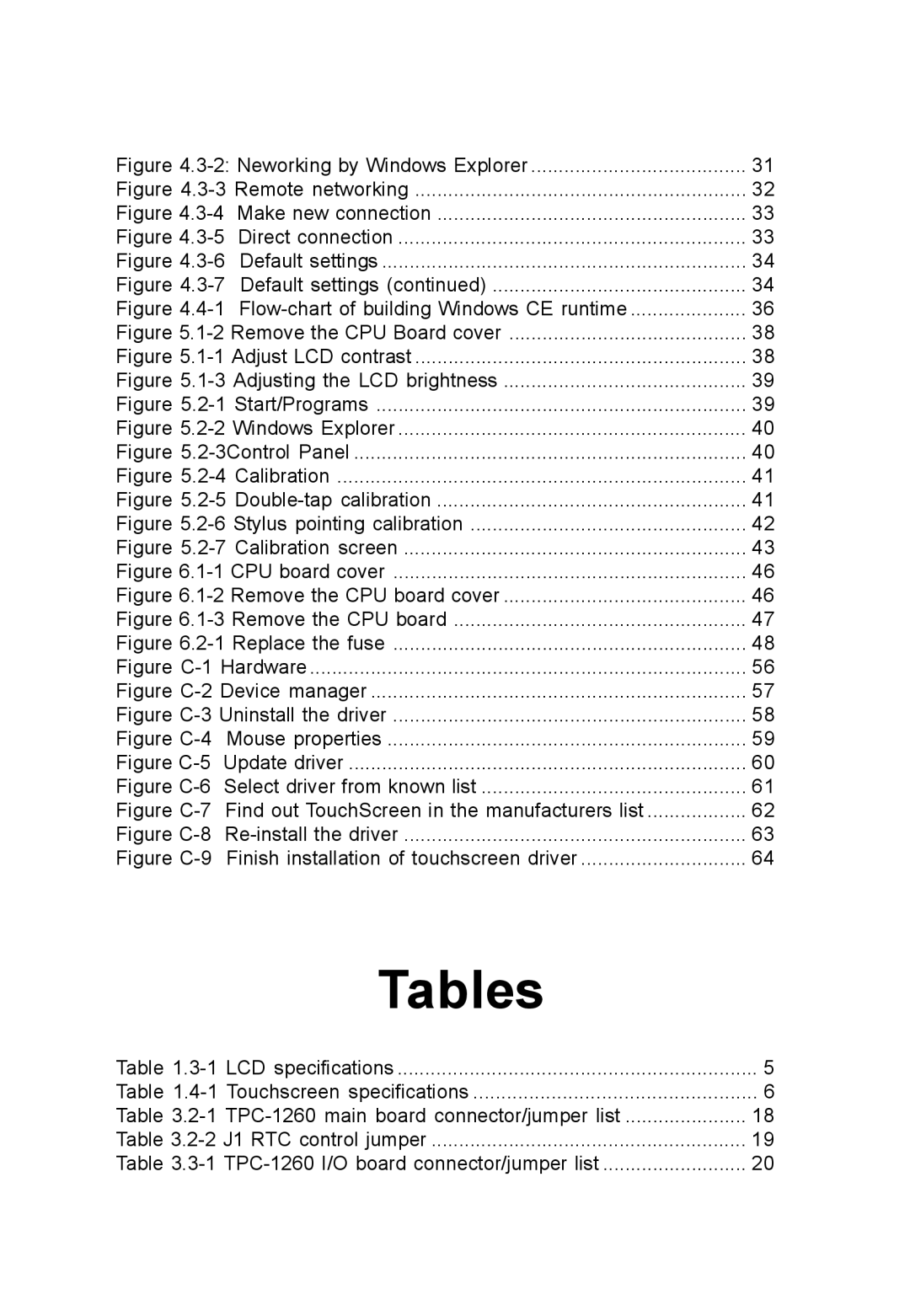 Advantech TPC-1260 manual Tables 