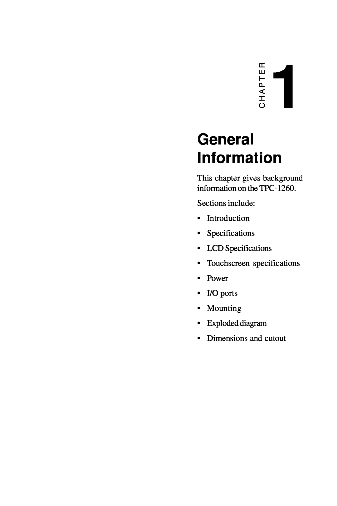 Advantech manual General Information, This chapter gives background information on the TPC-1260, Dimensions and cutout 