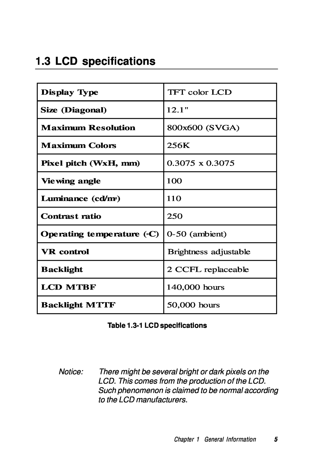 Advantech TPC-1260 manual LCD specifications, There might be several bright or dark pixels on the, to the LCD manufacturers 