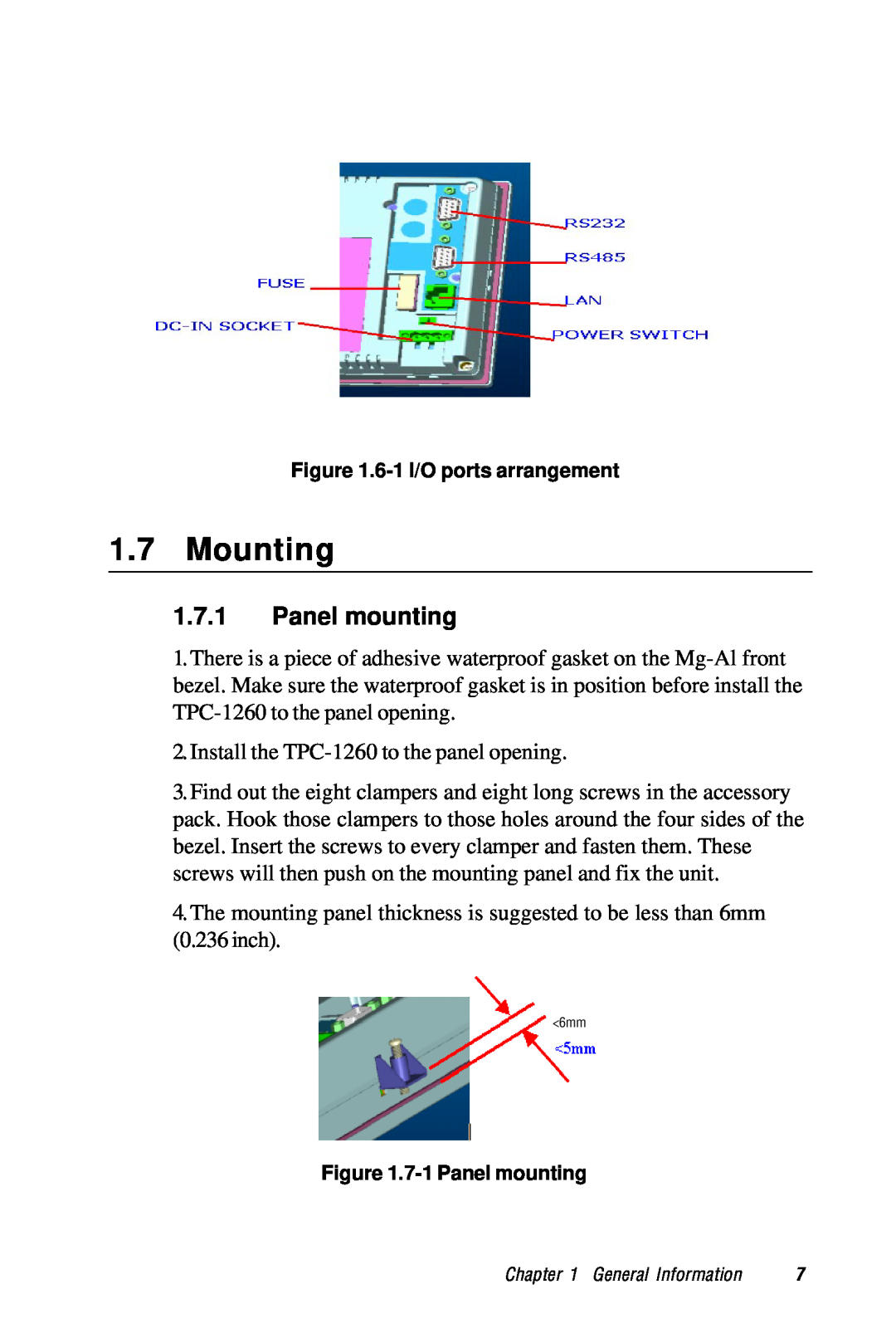 Advantech TPC-1260 manual Mounting, Panel mounting 