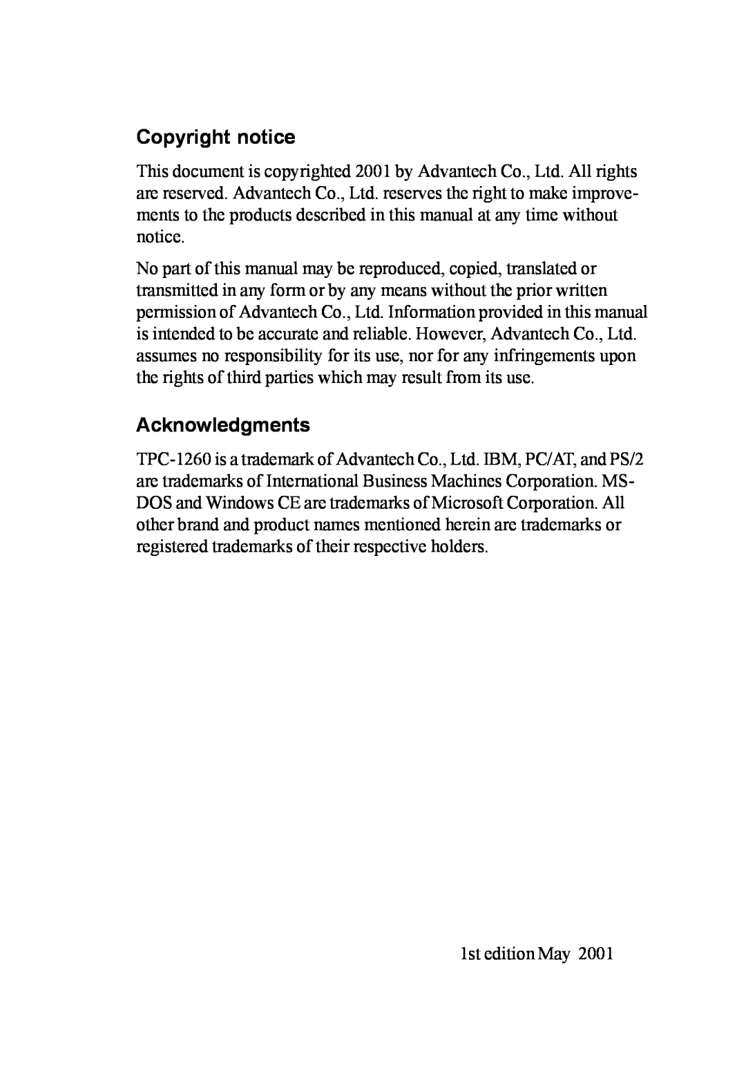 Advantech TPC-1260 manual Copyright notice, Acknowledgments, 1st edition May 