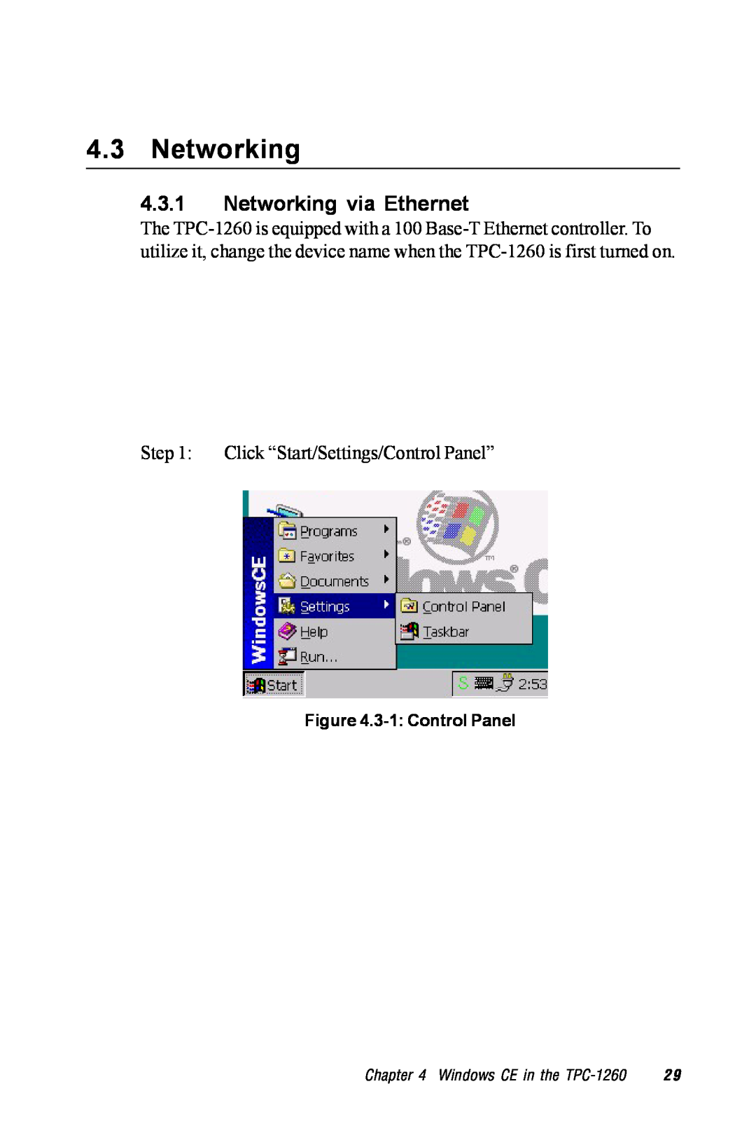 Advantech manual Networking via Ethernet, 3-1 Control Panel, Windows CE in the TPC-1260 
