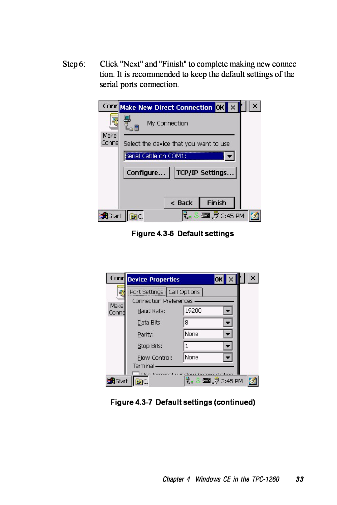 Advantech manual 3-6 Default settings .3-7 Default settings continued, Windows CE in the TPC-1260 