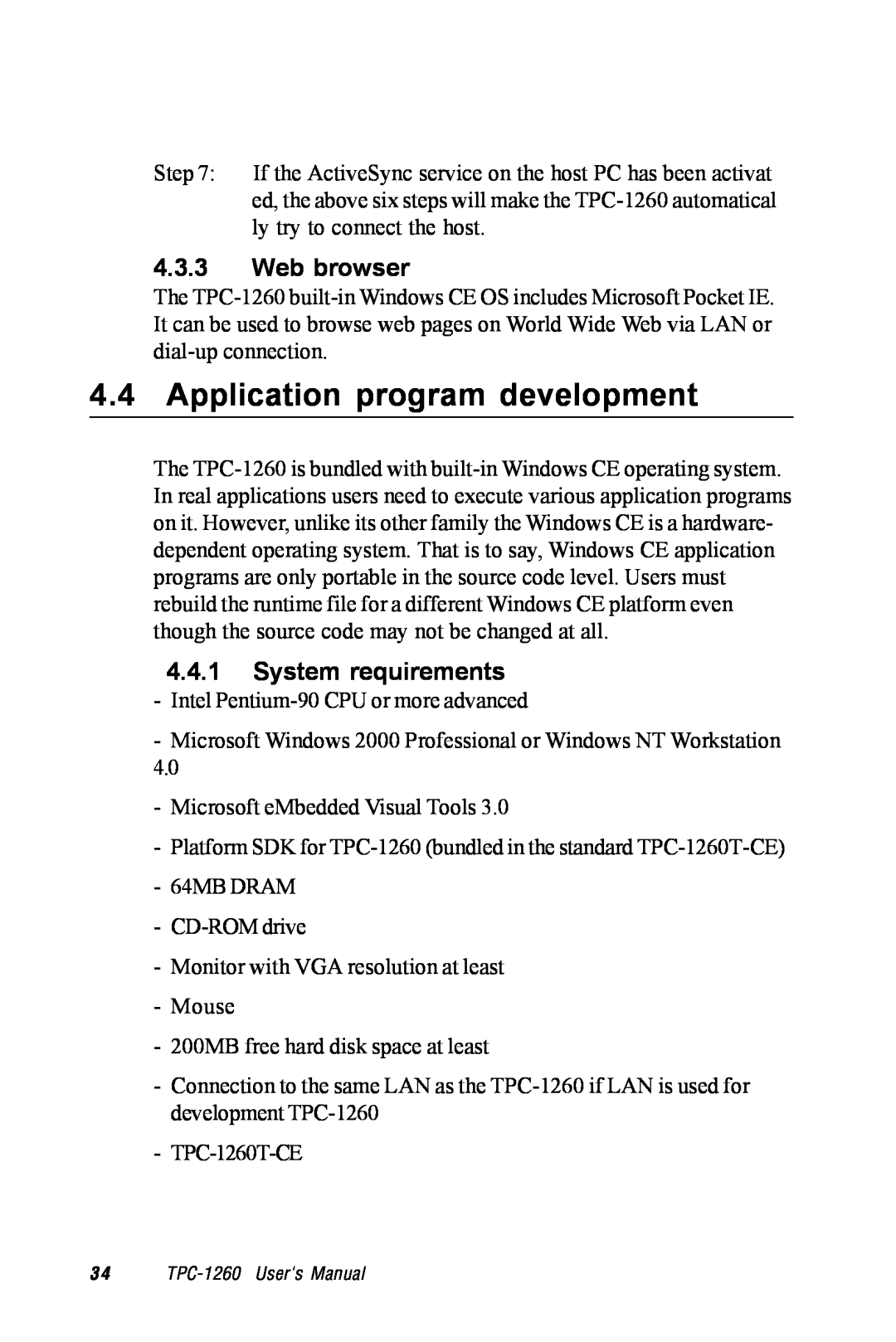 Advantech TPC-1260 manual Application program development, Web browser, System requirements 