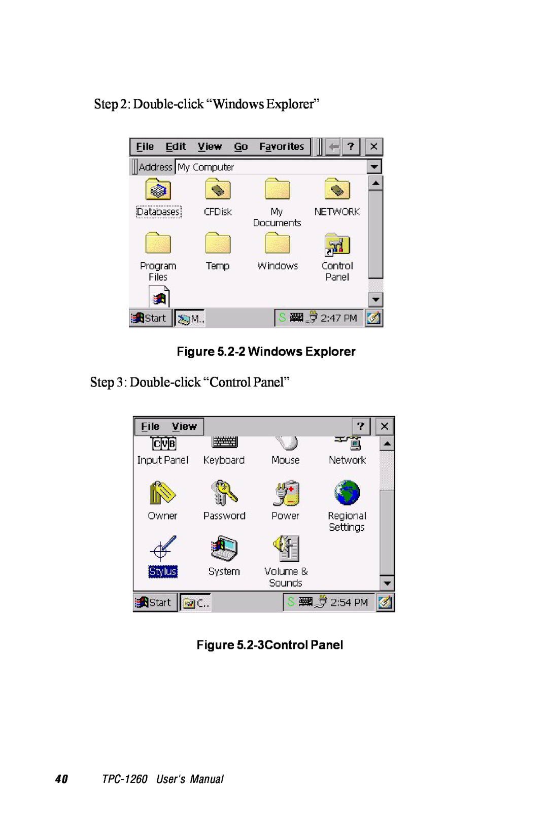 Advantech TPC-1260 Double-click “Windows Explorer”, Double-click “Control Panel”, 2-2 Windows Explorer, 2-3Control Panel 