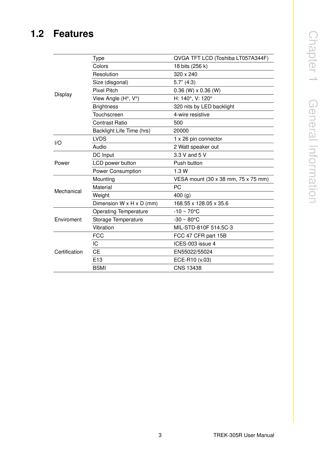 Advantech TREK-305R user manual Features, Lvds 