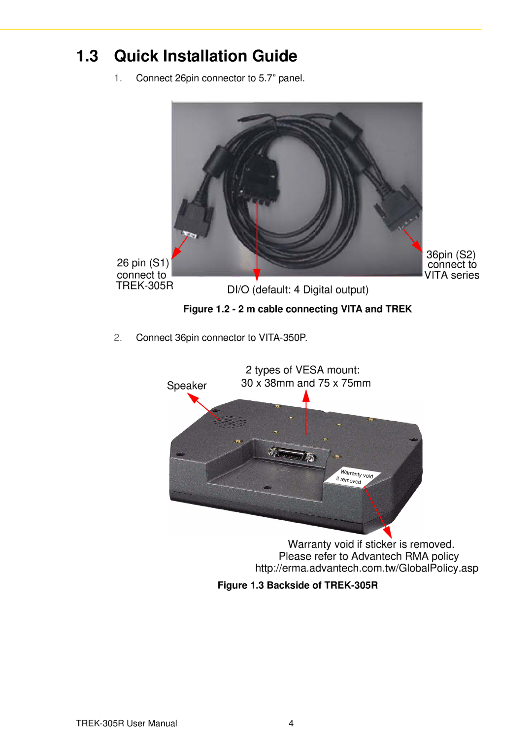 Advantech TREK-305R user manual Quick Installation Guide, m cable connecting Vita and Trek 