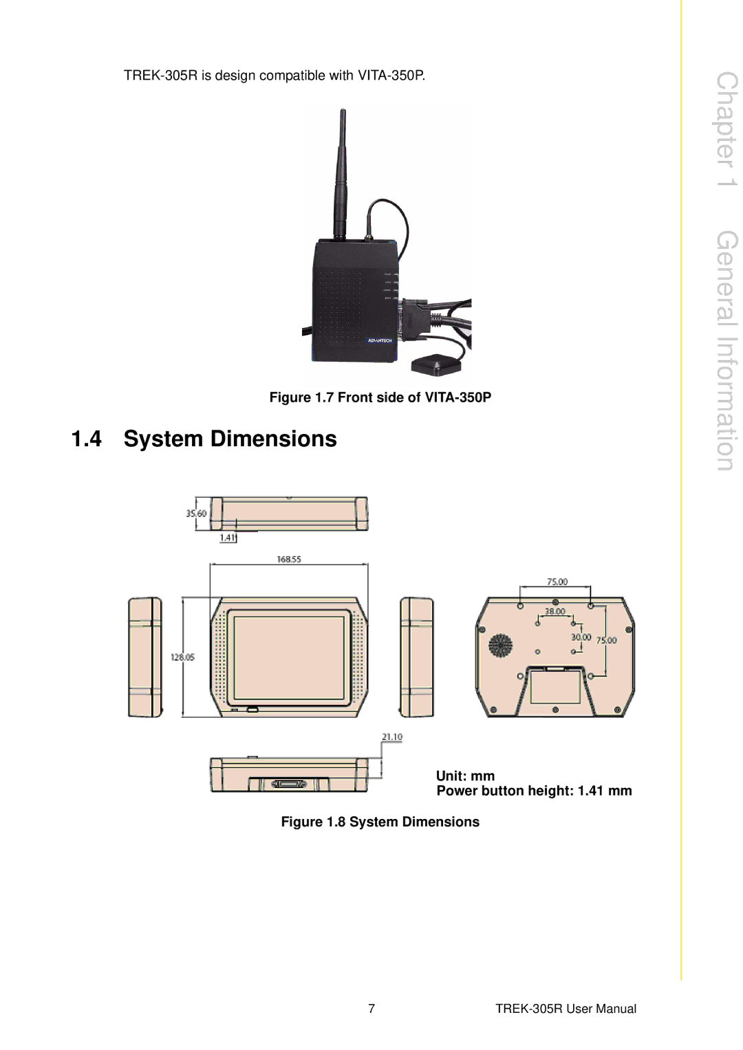 Advantech TREK-305R user manual System Dimensions, Front side of VITA-350P 