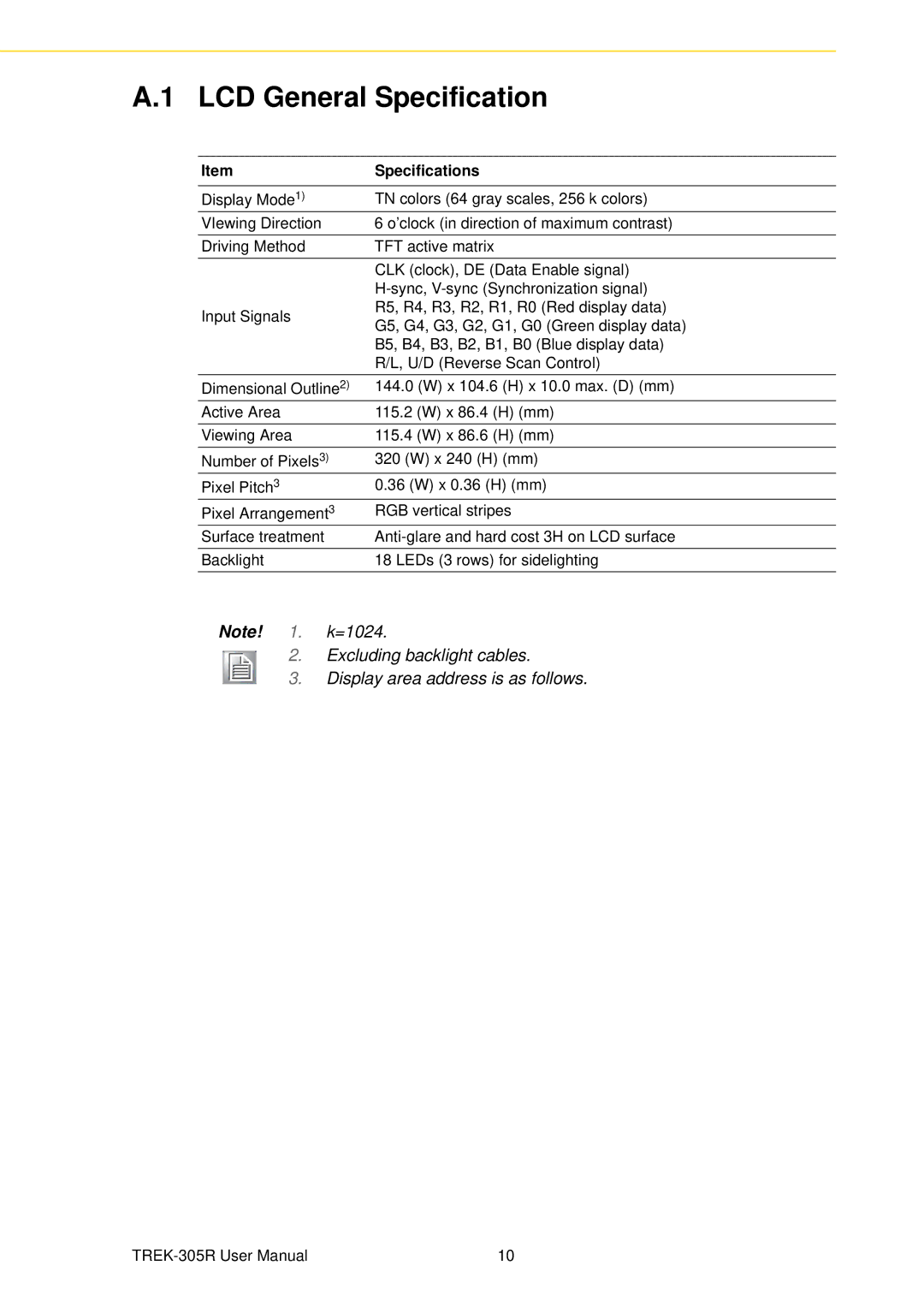 Advantech TREK-305R user manual LCD General Specification, Specifications 