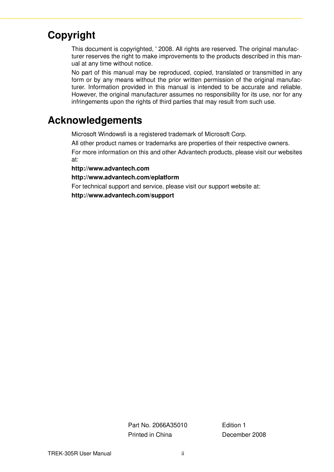 Advantech TREK-305R user manual Copyright, Acknowledgements 