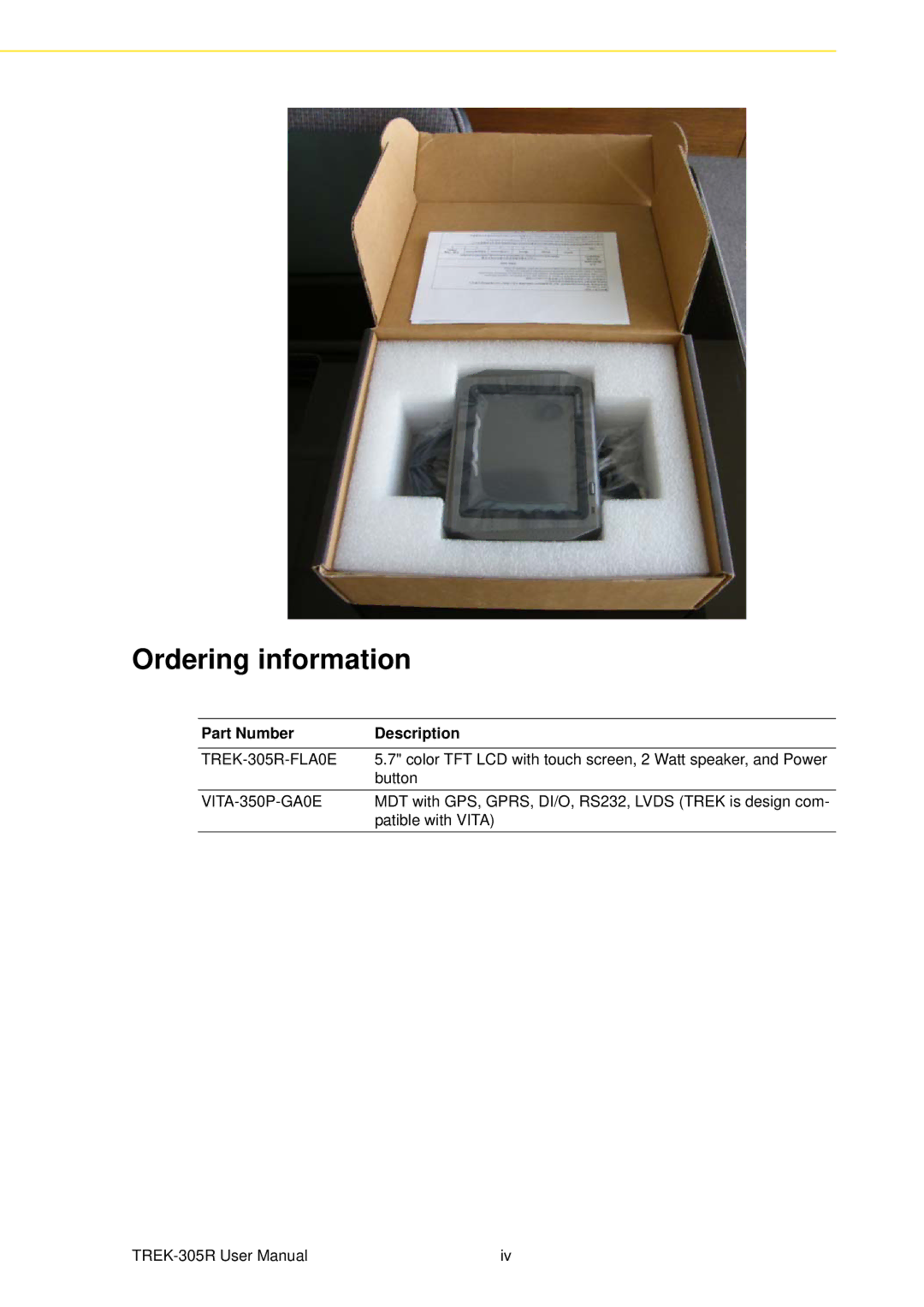 Advantech TREK-305R user manual Ordering information, Part Number Description 