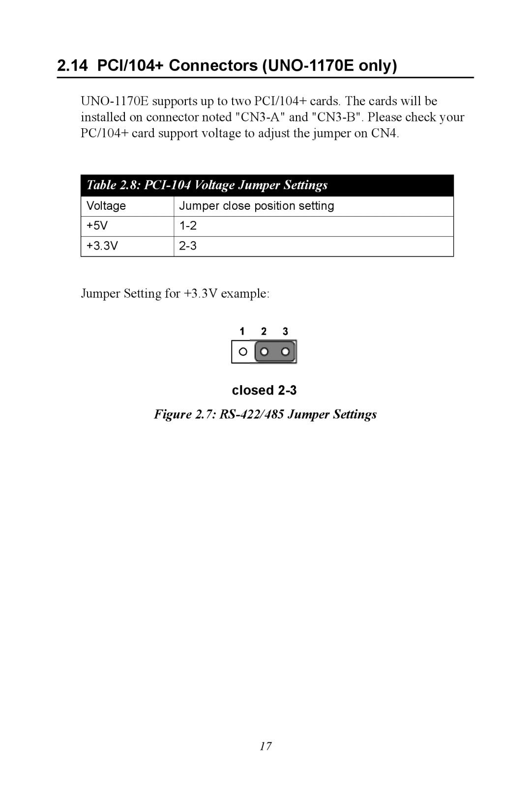 Advantech user manual 14 PCI/104+ Connectors UNO-1170E only, RS-422/485 Jumper Settings 