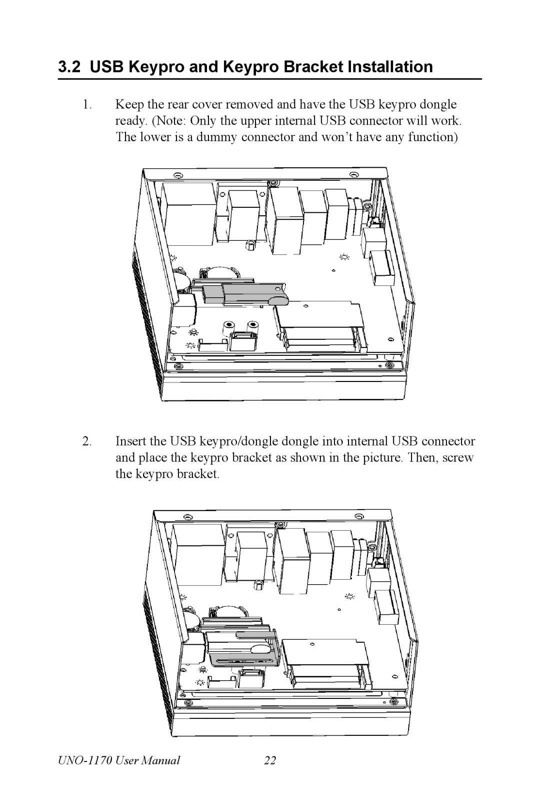 Advantech UNO-1170E user manual USB Keypro and Keypro Bracket Installation 