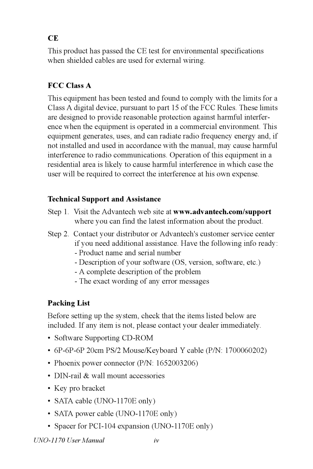 Advantech UNO-1170E user manual FCC Class a, Technical Support and Assistance, Packing List 