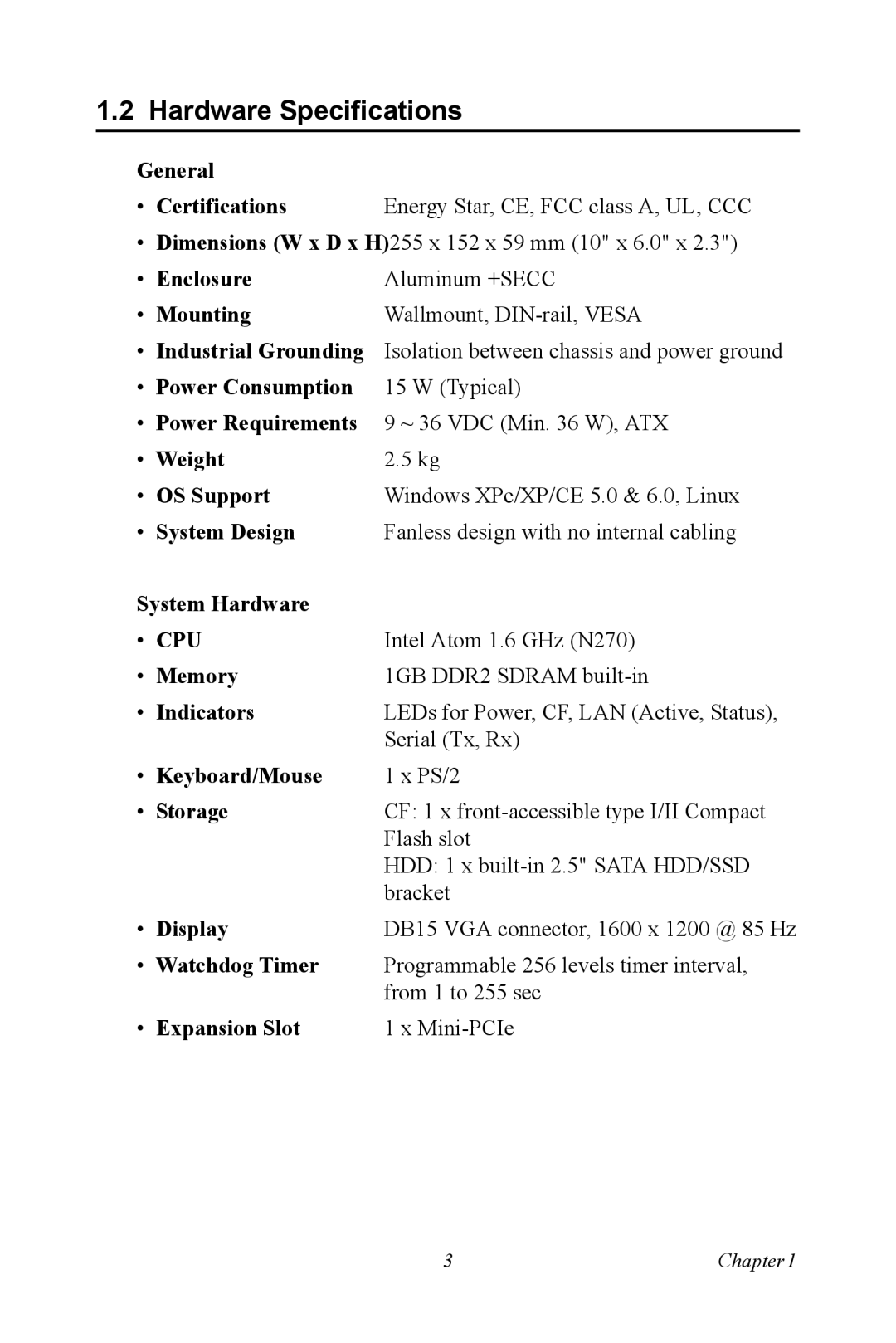 Advantech UNO 2173A/AF user manual Hardware Specifications 