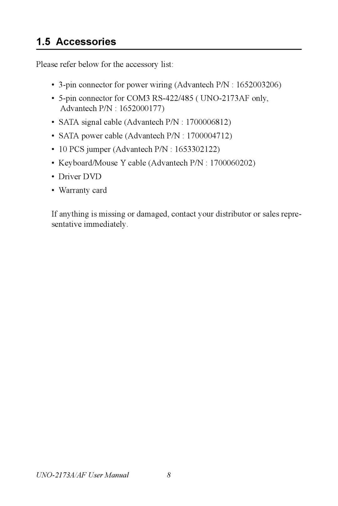 Advantech UNO 2173A/AF user manual Accessories 