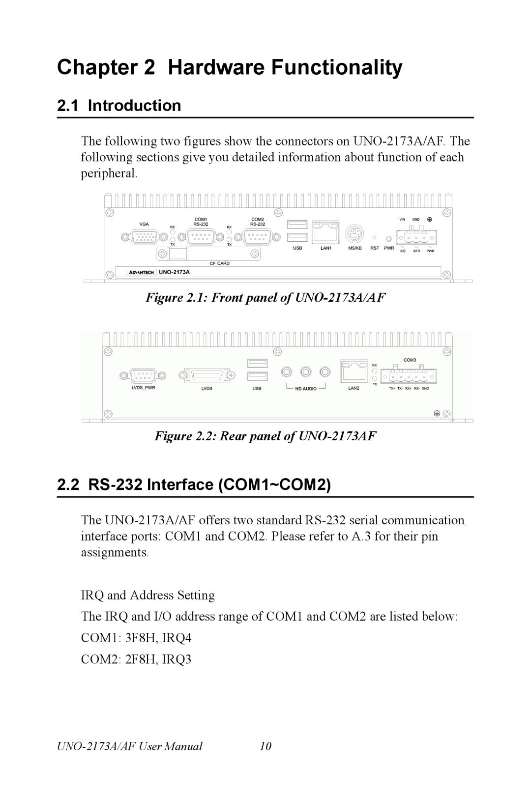 Advantech UNO 2173A/AF user manual RS-232 Interface COM1~COM2, Front panel of UNO-2173A/AF 